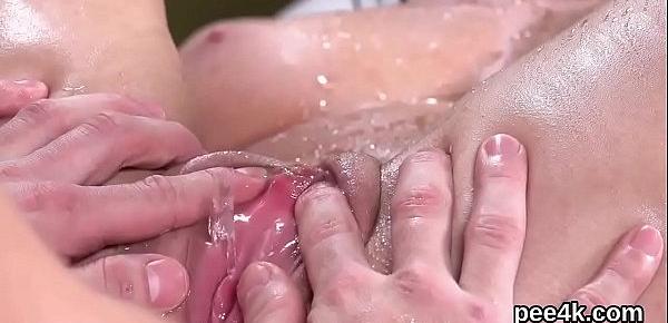  Flawless sex kitten gets her wet vulva full of warm pee and splatters